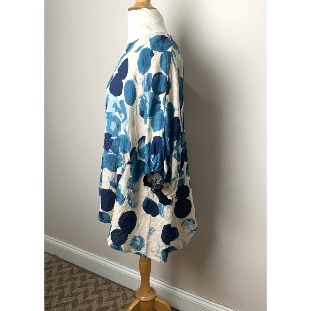 NEW Artsy Lagenlook Linen Top Womens One Size Abstract Blue Print HiLow - Picture 11 of 14